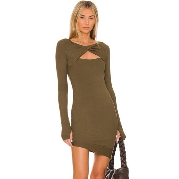 ALIX NYC Barlow Mini Dress in Military Green Longsleeve Ribbed Asymmetrical Sm - Picture 1 of 10